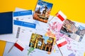 Poland travel destination, polish flag, magnets from Warsaw, Gdansk Lodz, world map, passport, boarding pass