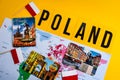 Poland travel destination, polish flag, magnets from Warsaw, Gdansk Lodz, world map