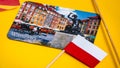 Poland travel destination, polish flag, magnets from Warsaw, world map