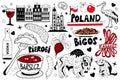 Poland travel icons set of symbols of Polish traditional dishes, animals, flag, architecture. Bison and beaver Royalty Free Stock Photo