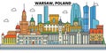 Poland, Warsaw. City skyline, architecture, buildings, streets, silhouette, landscape, panorama, landmarks. Editable