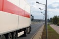 Truck in city traffic. A multi-lane road. Poland. Warsaw