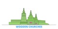 Poland, Wooden Churches In The Carpathian Mountain Area line cityscape, flat vector. Travel city landmark, oultine