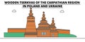 Poland , Wooden Churches In The Carpathian Mountain Area , travel skyline vector illustration.