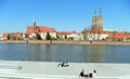 Poland, Wroclaw, landscape from Boulevard Dunikovskoho at Holy Cross Church and the Cathedral of St. John the Baptist