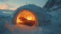 Polar Adventure, Lone Explorer Resting Inside a Lit Igloo During a Polar Expedition, Interior Shot, Warm Light Emitting Royalty Free Stock Photo