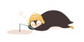 Polar animal sleeping at fishing vector flat illustration. Tired funny cartoon penguin holding fishing rod lying near