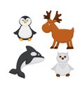 Polar animals and fish cartoon vector icons of penguin, reindeer, whale and owl