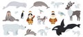 Polar animals. Cute arctic animal, walrus bear whale. Fun antarctic flat wildlife, penguin and alaska baby with dog Royalty Free Stock Photo