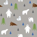 Polar animals on a gray background. Seamless pattern. Royalty Free Stock Photo