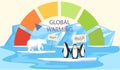 Polar animals on ice floe asking for help, melting glaciers. Scale with indicator of global warming Royalty Free Stock Photo