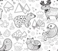 North animals, geometric iceberg and mountains vector pattern in outline