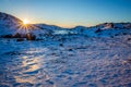 Polar arctic greenlandic sunset over the snow mountains, Nuuk, Greenland