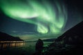 Polar Aurora lights in the starry sky over the lake in the Lyngenfjord, Norway Royalty Free Stock Photo