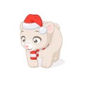Polar baby bear in Christmas Santa Claus hat. Vector cartoon illustration.