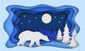 Polar bear, against the backdrop of a forest of Christmas trees. Paper style. Christmas illustration. Royalty Free Stock Photo