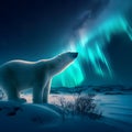 Polar bear on the background of a northern light, arctic night landscape, wildlife wallpaper, generative ai