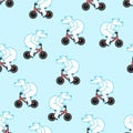 Polar bear on bicycle pattern seamless. Beast is riding bicycle background. Cartoon childrens texture. Baby fabric ornament