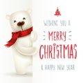 Polar Bear with big signboard. Merry Christmas calligraphy lettering design