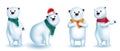 Polar bear characters vector set design. Christmas snow bears 3d character in cute and friendly pose and gestures for xmas winter.