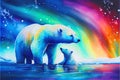 Polar bear and cub bears rainbow Aurora Borealis Northern lights Royalty Free Stock Photo