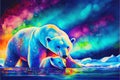 Polar bear and cub bears rainbow Aurora Borealis Northern lights Royalty Free Stock Photo