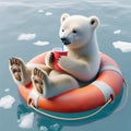Polar Bear Cub Floating On Orange Lifebuoy