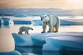 Polar bear and cub on an ice floe in the middle of the ocean. Melting iceberg and global warming. Climate change Royalty Free Stock Photo