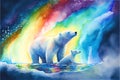 Polar bear and cub rainbow Aurora Borealis Northern lights Royalty Free Stock Photo