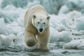 Polar bear with cub walking through an area of ice cubs Royalty Free Stock Photo
