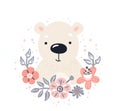 Polar bear cute animal baby face with flowers and leaves elements vector illustration. Hand drawn style nursery Royalty Free Stock Photo