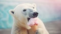 A polar bear eats a mouthful of ice cream