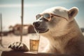 Polar bear enjoying a refreshing glass of iced tea on the beach. AI generative image. Royalty Free Stock Photo