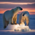 A polar bear family sharing a New Years Eve feast on an ice floe under the Northern Lights3 Royalty Free Stock Photo