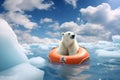 A polar bear floats on a lifebuoy in the Arctic. Global warming concept