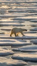 Polar bear on fragmented ice with patches of water and golden hues