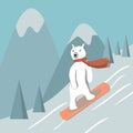 Polar bear glides on snow on the board against mountains