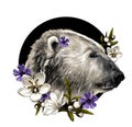 polar bear head in profile on a circle background with a composition of flowers Royalty Free Stock Photo