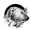 polar bear head in profile on a circle background with a composition of flowers Royalty Free Stock Photo