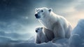 Polar bear with her baby. Melting iceberg and global warming