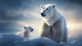 Polar bear with her baby. Melting iceberg and global warming Royalty Free Stock Photo