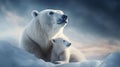 Polar bear with her baby. Melting iceberg and global warming