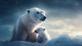 Polar bear with her baby. Melting iceberg and global warming