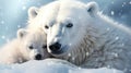 a polar bear and her cub cuddle in the snow. generative ai