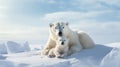 Polar bear with her cub lying on Arctic snow