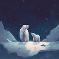 polar bear and her cub are walking through the snow on a cold winter night Royalty Free Stock Photo