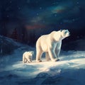 polar bear and her cub are walking through the snow on a cold winter night Royalty Free Stock Photo