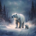 polar bear and her cub are walking through the snow on a cold winter night Royalty Free Stock Photo