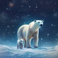 polar bear and her cub are walking through the snow on a cold winter night Royalty Free Stock Photo