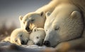 Polar bear with her cubs sleeping from side view in the morning generative AI Royalty Free Stock Photo